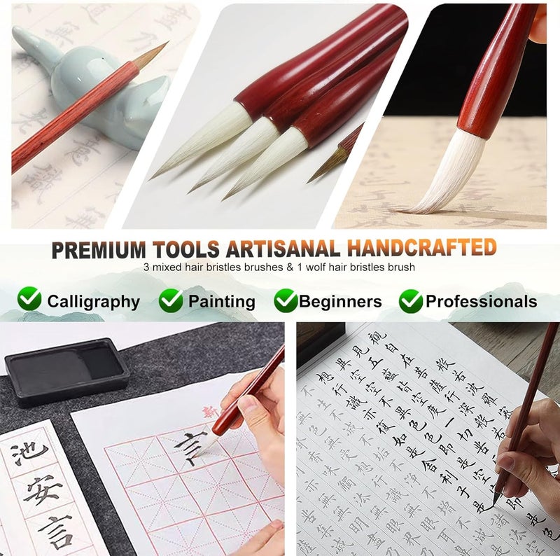Stone&Ink 13pcs Portable Chinese Calligraphy Set for Beginners, Complete Sumi Shodo Kit with Brushes, 100g Yi De Ge Ink, Paper, Ink Stone, Reusable Writing Cloth & Roll-Up Felt Mat - Image 4